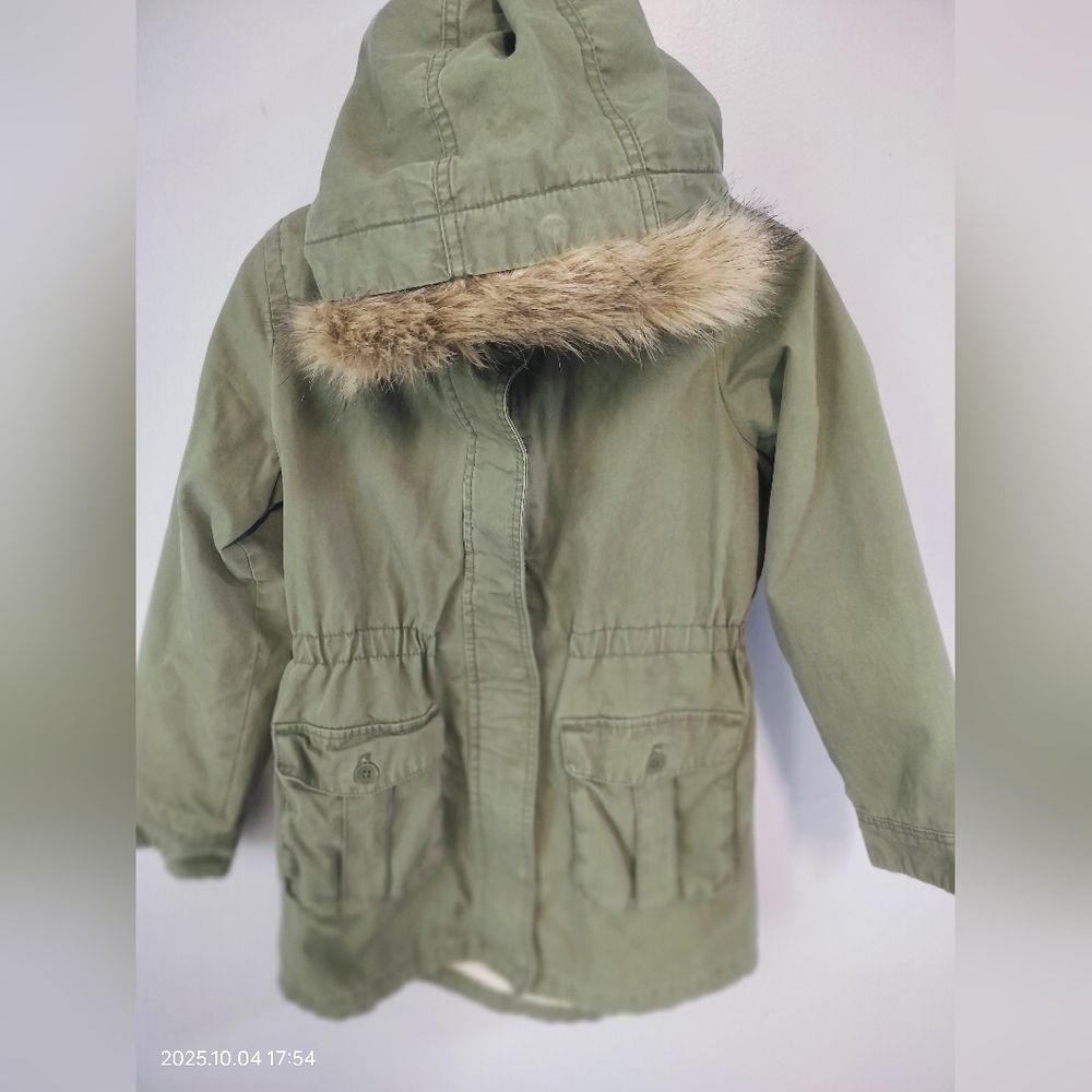 GAP Kids Olive Green Puffer Coat with Faux Fur Trim